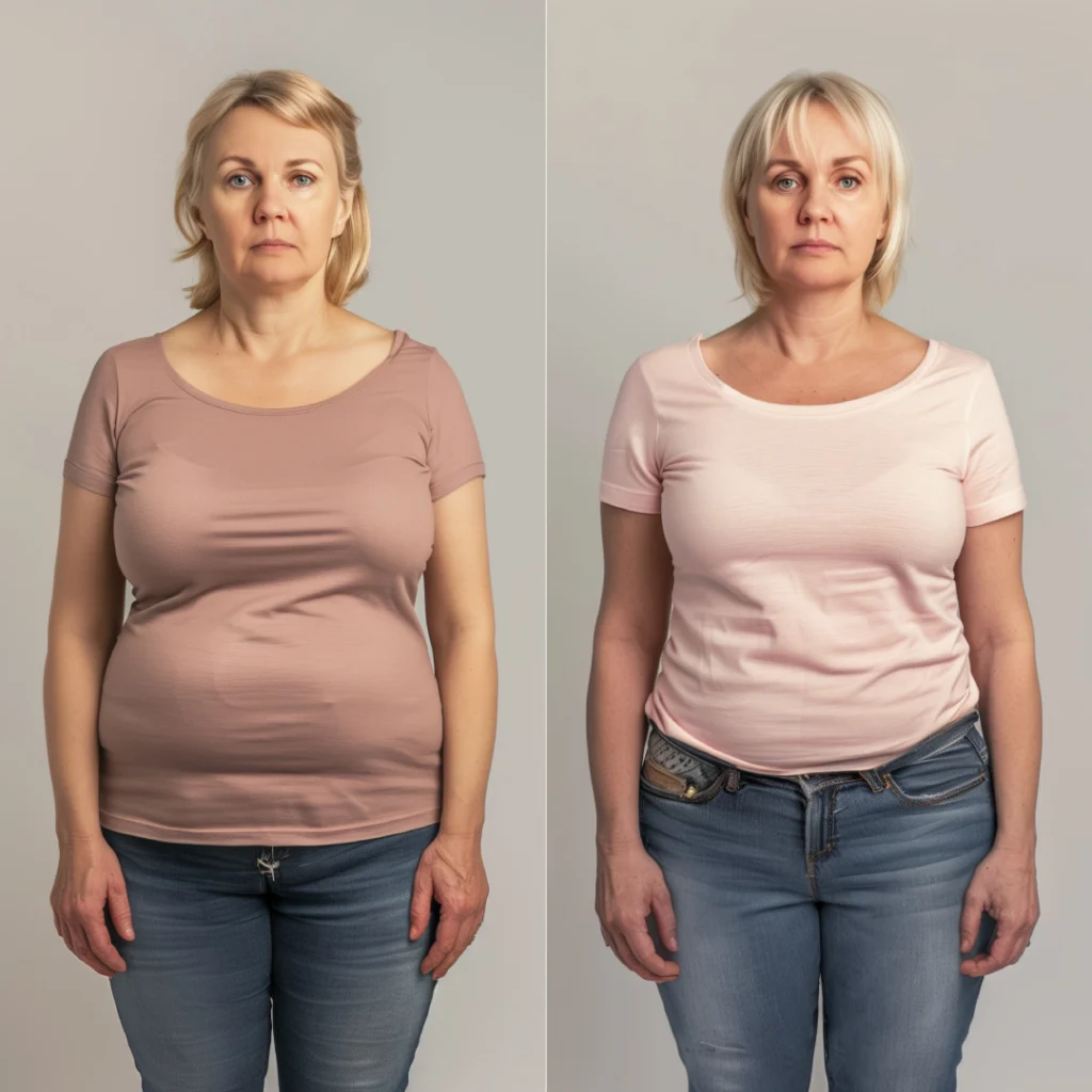 Before and after images of a woman showing the results of a liposculpting procedure.